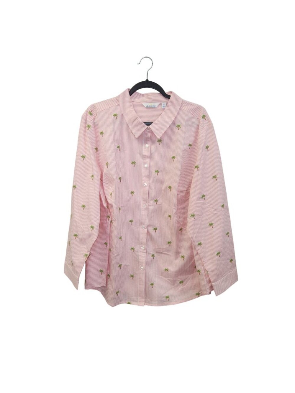 LEMON WAY Womens 2X Pink Striped Embroidered Palm Tree Button Down Shirt Long Sl